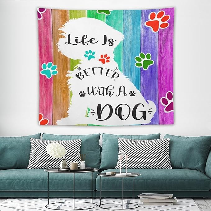VUMIVI Cute Dog Tapestry Rainbow Color Planks Rustic Farmhouse Home Decor Pet Paws Tapestry Wall Hanging for Living Room Bedroom Dorm Classroom Aesthetic Decor W60xL50in