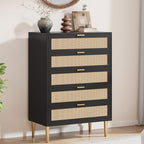 GarveeHome Rattan 5 Drawer Dresser, Modern Chest of Drawers with Gold Legs and Gold Handles, Tall Dresser with Large Tabletop and Anti-Tipping Design for Bedroom Living Room, Black