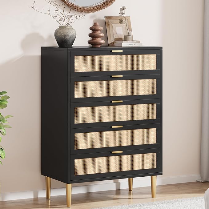 GarveeHome Rattan 5 Drawer Dresser, Modern Chest of Drawers with Gold Legs and Gold Handles, Tall Dresser with Large Tabletop and Anti-Tipping Design for Bedroom Living Room, Black