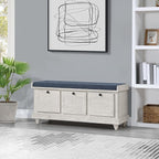 OSP Home Furnishings Dover Coastal Lift-Top Storage Bench with Shutter Face Styling, Distressed White Finish with Navy Fabric Cushion