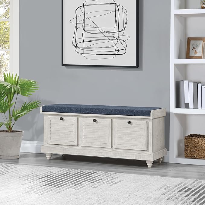 OSP Home Furnishings Dover Coastal Lift-Top Storage Bench with Shutter Face Styling, Distressed White Finish with Navy Fabric Cushion