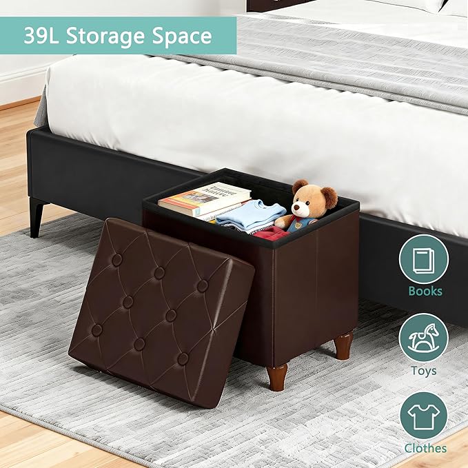 CAROLMADE Folding Storage Ottoman Cube PU Leather Footstool with Wood Legs Ottoman Footrest for Living Room and Bedroom Brown, 15x12.6 x 15.4”