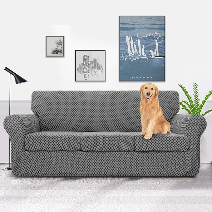 YEMYHOM Latest Checkered 4 Pieces Couch Covers for 3 Cushion Couch High Stretch Thickened Sofa Cover for Dogs Pets Living Room Anti Slip Elastic Slipcovers (Dark Gray Checkered), 71"-91"(3 Cushions)