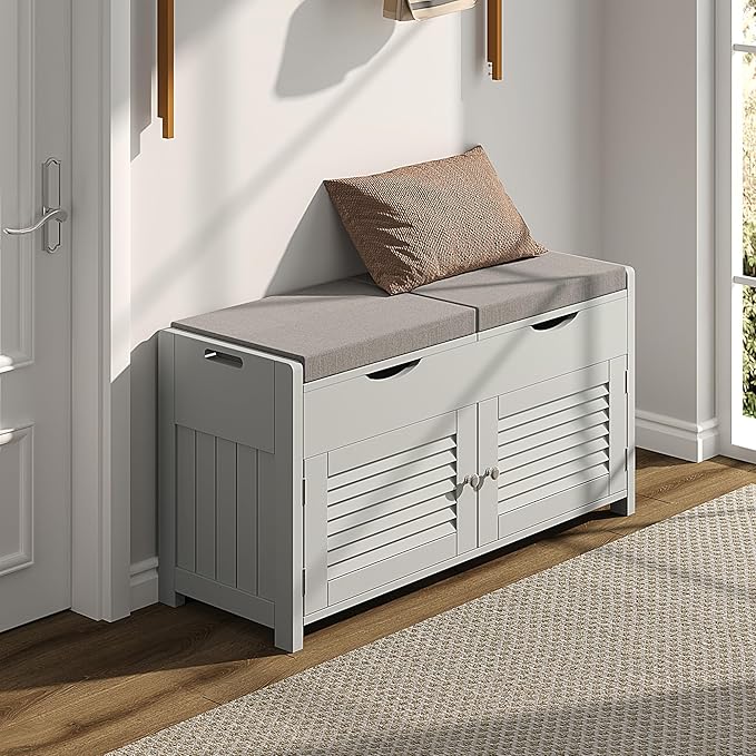 ChooChoo Shoe Storage Bench with Lift Top Storage, Entryway Bench with 2 Cushioned Seats, 3 Compartments, Adjustable Shelf, Shoe Cabinet for Entryway, Bedroom, Living Room, Grey