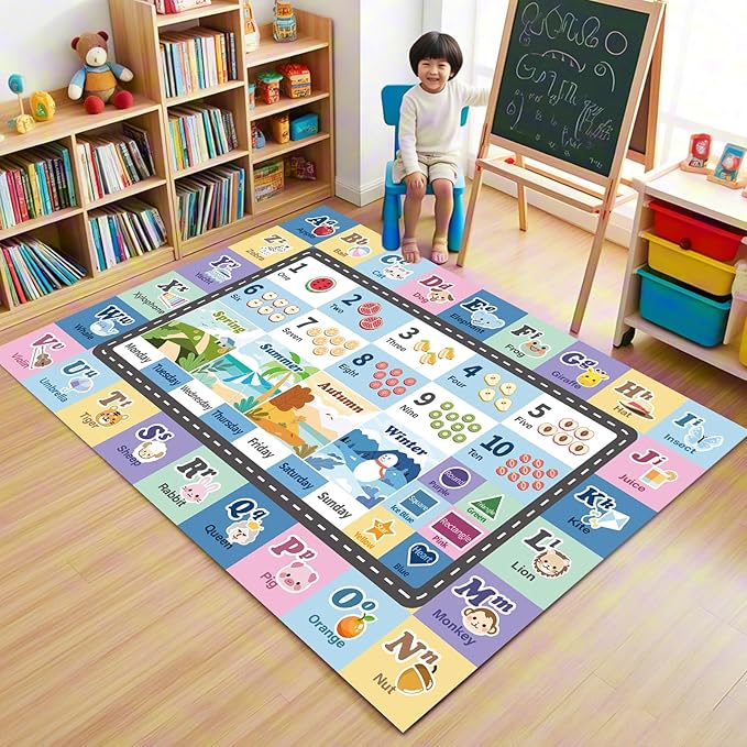 Kids ABC Rug for Playroom, Classroom Alphabet Area Carpet Playmat,Washable Toddler Mat for Baby Room,Play Room,Bedroom,Floor,Nursery (Blue,4'x6')