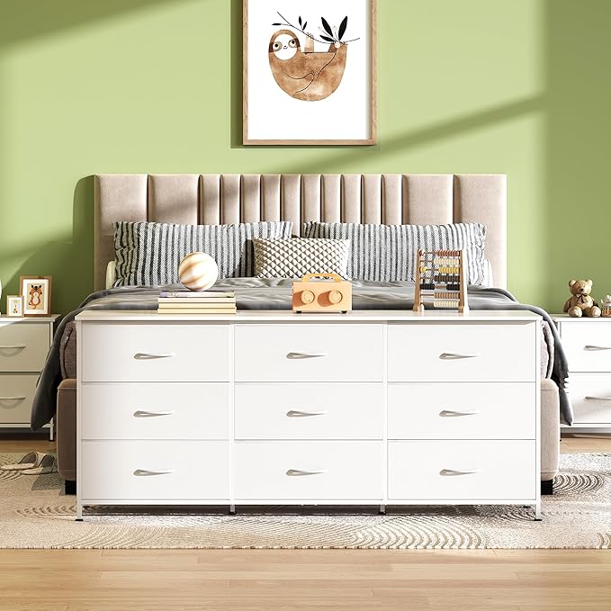 WLIVE 63''W Dresser for Bedroom, White Dresser TV Stand for 65, 70, 75 inch TV, Wide Chest of Drawers with 9 Drawer, Large Entertainment Center, Fabric Dressers with Wood Top for Closet, Living Room
