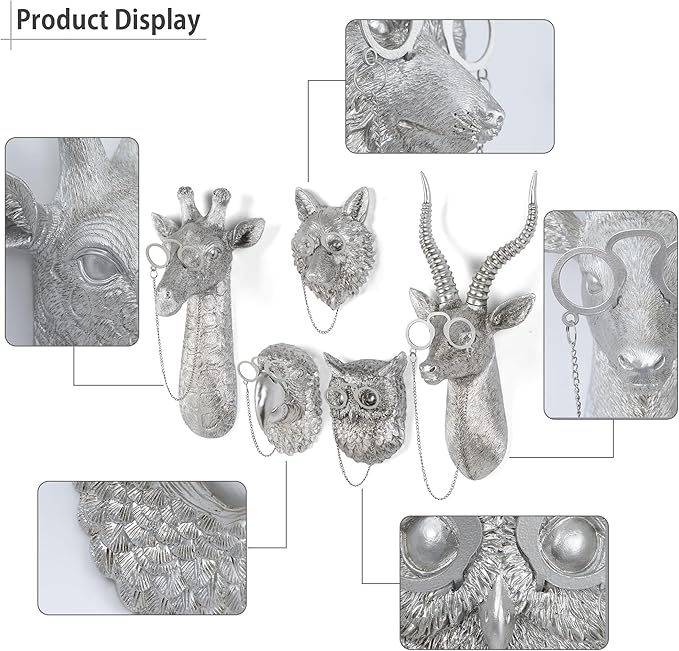 UITWMKTG 5 Pack Silver Animal Head Wall Decor Modern Home Decor Resin Animal Sculptures Wall Mount Vintage Head Wall Art for Living Room Hanging Decoration