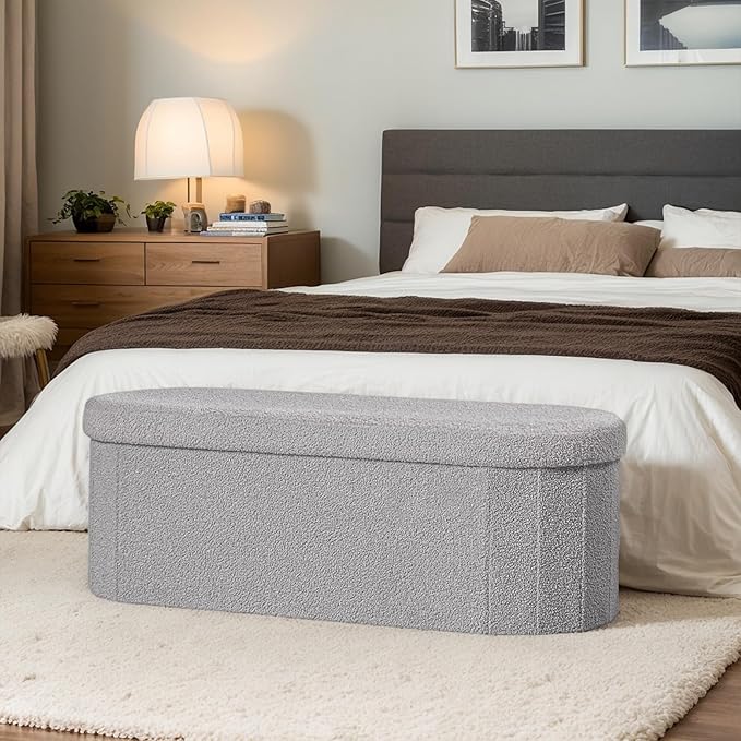 43.3 Inches Collapsible Ottoman with Storage, Bench with Storage Ottoman for Living Room, Bedroom & Entryway-Grey