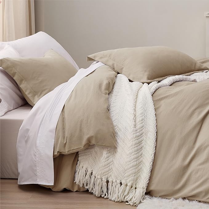 Bedsure Deep Beige Duvet Cover Twin/Twin XL Size - 2 Pieces Prewashed Cotton-Like Extra Soft Bedding Set, Includes 1 Twin Duvet Cover 68x90 Inches with Zipper Closure & 1 Pillow Sham, No Comforter
