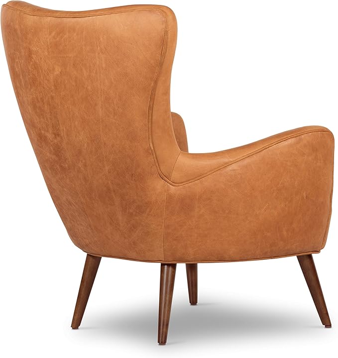 Poly & BARK Aida Leather Lounge Chair Set of 2 – 40.5” Mid-Century Accent Chairs for Living Room or Bedroom – Full-Grain Italian Leather, Feather-Down Comfort, Solid Wood Legs – Cognac Tan