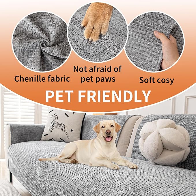HAOMAIJIA Pet Couch Covers for Sofa Waterproof Couch Cover for Dogs Chenille Non Slip Sofa Covers Washable for 3 Cushion Couch Furniture Protector (Grey, 36.5" x 95" 1 Pack)