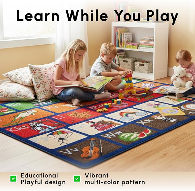 SAFECASTLE ABC Picture Phonics Alphabet Educational Area Rug for Kids 7'8" x 10'4" Preschool & Classroom Learning Carpet with Upper and Lowercase Letters, Rug for Early Learning, Daycare & Playrooms