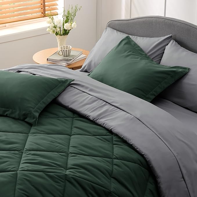 Bedsure Forest Green Twin XL Comforter Set - 5 Pieces Reversible Twin XL Bed in a Bag for College, Extra Long Twin Bed Set Forest Green and Grey with Comforters, Sheets, Pillowcase & Sham