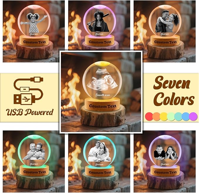 Custom Ultrasound Crystal Ball withText Photo Personalized Ultrasound Picture Frames with Light Holder Engraved Crystal Ball Gift for Expecting Parents