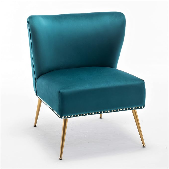 Thia Armless Velvet Accent Chair for Living Room, Elegant Seat with Nailhead Trim, Gold Metal Legs and Comfortable Curved Back, 28" D x 25" W x 29.5" H, Bluish Green