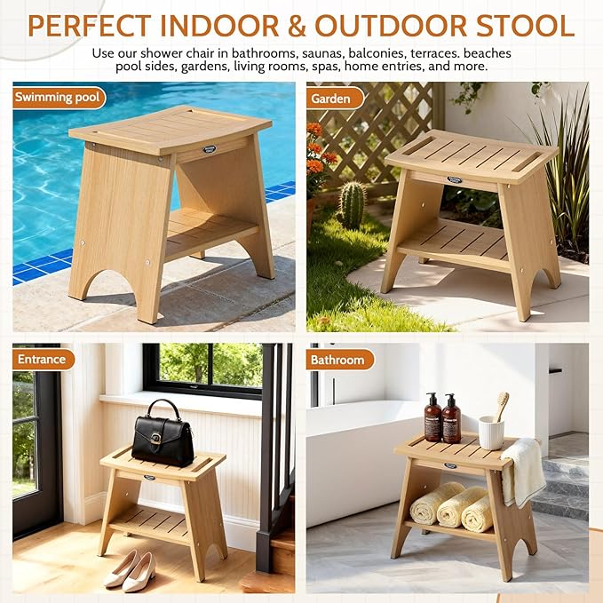 Shower Stool for Inside Shower, Shower Benches for Shaving Legs, 500lbs Shower Chair With Space-Efficient Storage Shelf, Waterproof Shower Seat for Spa Bathroom, Indoor or Outdoor 18”x17” (Teak Style)