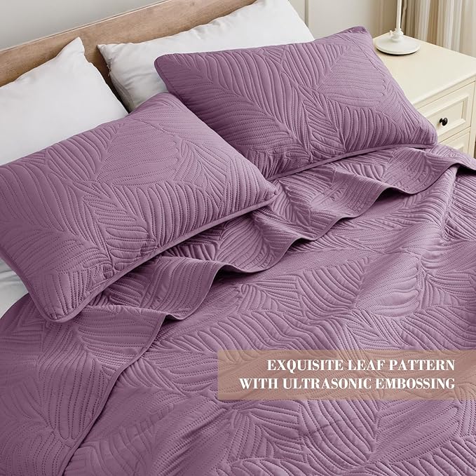 Exclusivo Mezcla Twin Quilt Bedding Set, Lightweight Dusty Lavender Quilts Twin Size for All Seasons, Soft Microfiber Bedspreads Coverlets Bed Cover with Leaf Pattern, 2 Piece