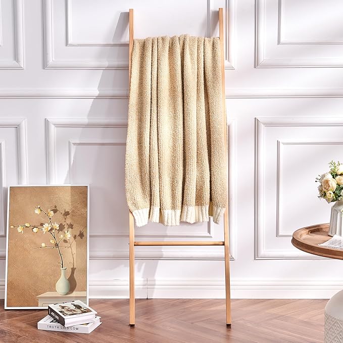 CozeCube Super Soft Fullfy Microfiber Reversible Knitted Blankets, Warm Cozy Fuzzy Plush Throw, Beige and White Melange Throw Blanket for Couch Bed Sofa, 50" x 60"