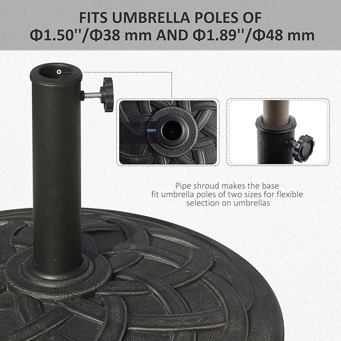 Outsunny 22" 42 lbs Round Resin Umbrella Base Stand Market Parasol Holder with Beautiful Decorative Pattern & Easy Setup, for Φ1.5, Φ1.89 Pole, for Lawn, Deck, Backyard, Garden, Bronze