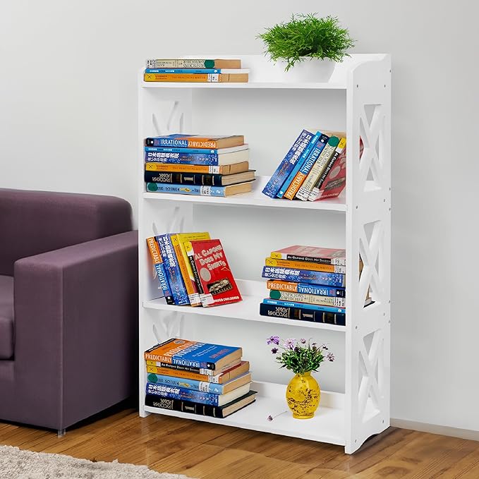 White Bookcase by Natural Wood, 4 Tier Bookshelf, Small Book Shelves Freestanding Display Storage Shelves. Open Bookshelf for Bedroom, Living Room and Office (White, 4 Tier)