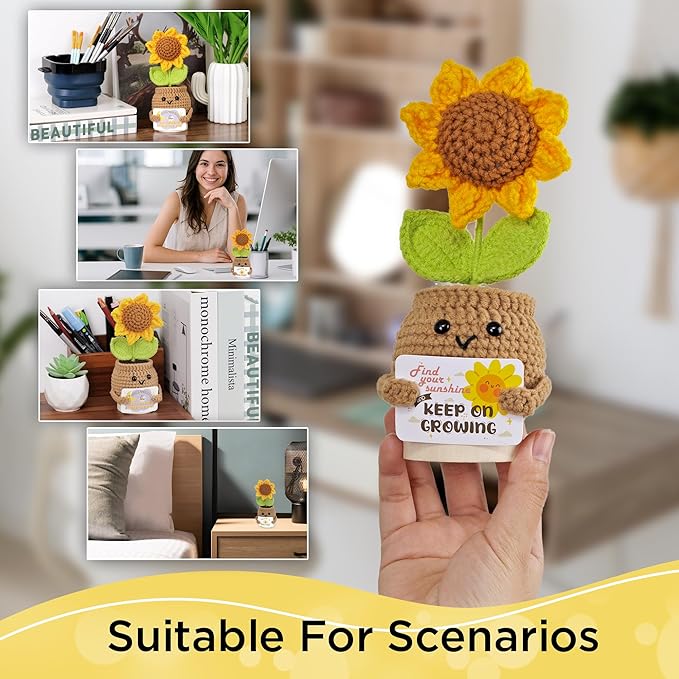 DUGATO Handmade Crochet Positive Sunflower with Magnetic Hands & 10 Customizable Cards - Uplifting Gift for Women, Friends, Coworkers - Cute Desk Decor for Office & Home