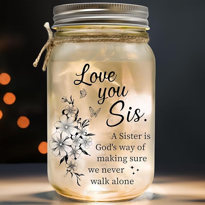 A Sister Is God's Way We Never Walk Alone Lighting – Birthday Gift for Sister – Mason Jar With Lights Gift Ideas With Sentimental Quote – Big or Little Sisters Present – Thoughtful Gifts for Sisters