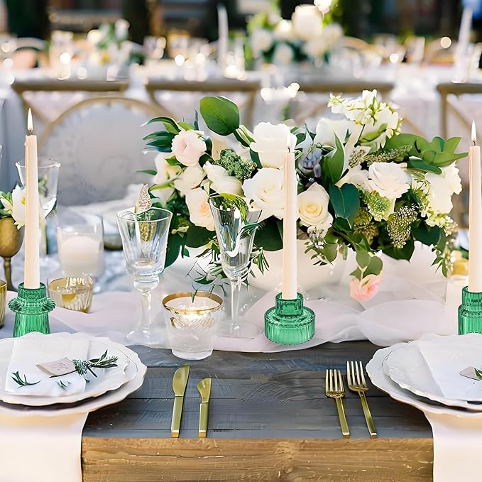 Double Sided Vintage Ribbed Taper Glass Candle Holders,Tea Candle Holder for Table Centerpieces, Wedding Decorations and Dinner Parties (Green, 3 PCS)