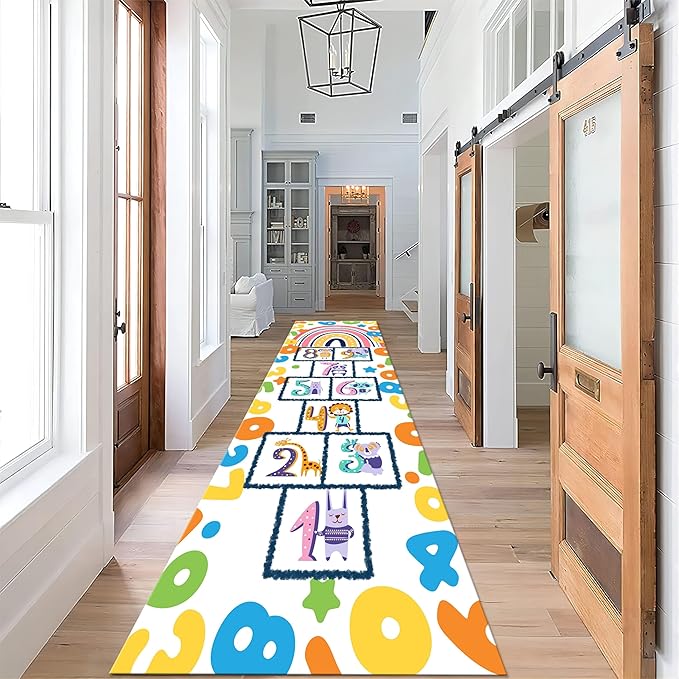 Boho Cartoon Rainbow Living Room Rugs, 3.3x10ft, Number 123 Hopscotch Game Classroom Floor Area Mat, Soft Reduce Noise Rubber Backed Anti-Slip Washable Carpets for Office Entryway