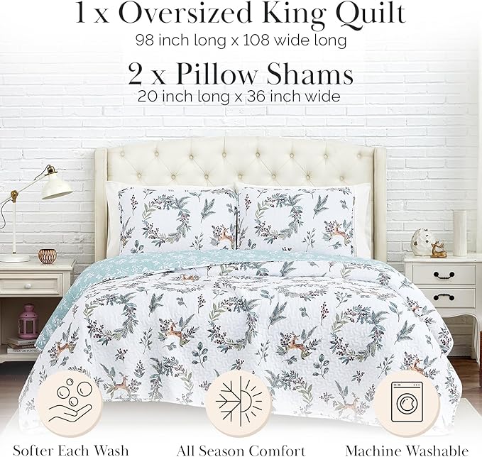 Southshore Fine Living, Inc. Happy Holidays Christmas Holiday Bedding Set 3-Piece Oversized Christmas Queen Quilt Set with Quilted Shams, Full/Queen