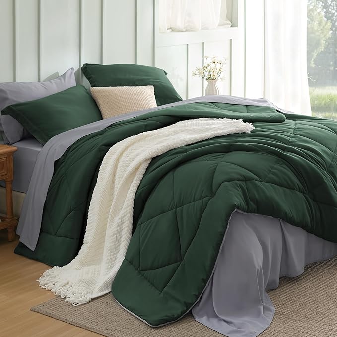 Bedsure King Size Comforter Set - 7 Pieces Reversible Forest Green Bedding, King Size Bed Set for All Seasons, Bed in a Bag with Down Alternative Comforter, Sheets, Pillowcases & Shams