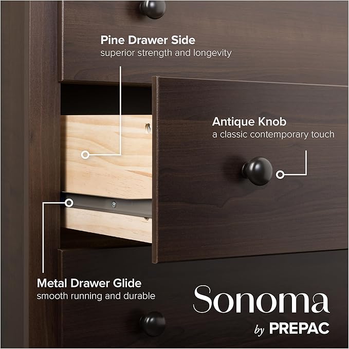 Prepac Sonoma Superior 5-Drawer Dresser for Bedroom - Spacious and Stylish Chest of Drawers, Measuring 17.75"D x 31.5"W x 44.75"H, In Espresso Finish