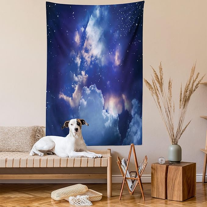 Ambesonne Space Tapestry Twin Size, Magic Sky View with Star and Clouds Celestial Colorful World Cosmic Expanse Theme, Wall Hanging Bedspread Bed Cover Wall Decor, 68" X 88", White and Blue