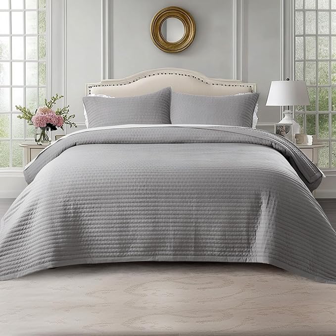 KASENTEX King XL Quilt Set 108"x98" – Soft Washed 3-Layer Lightweight Bedspread, Minimalist Nordic Design, All-Season Spring & Summer Quilt Set (1 Quilt + 2 Pillow Shams), Solid Grey