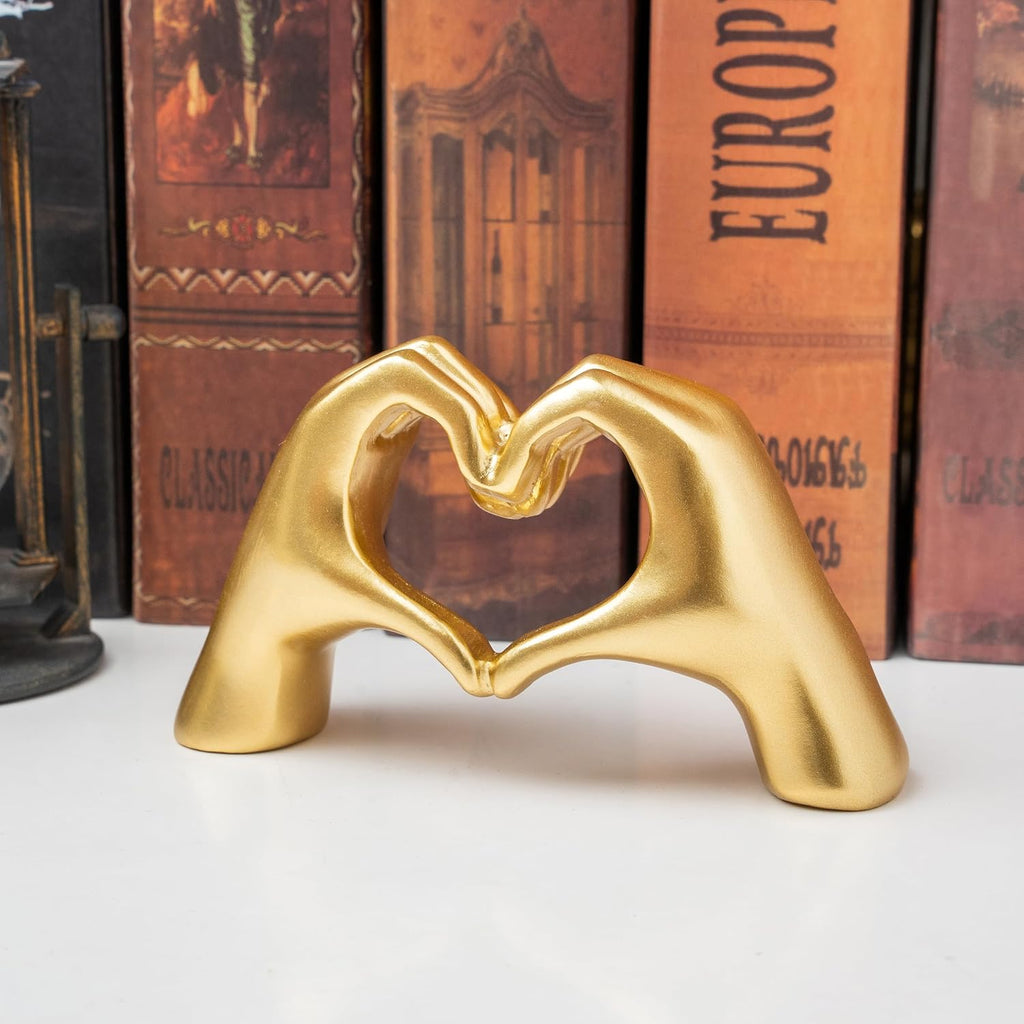 Gold Heart Hands Sculpture – Modern Love Statue for Home & Bookshelf Decor