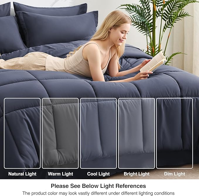 Love's cabin King Size Comforter Set Indigo Blue, 7 Pieces King Bed in a Bag, All Season Bedding Sets with 1 Comforter, 1 Flat Sheet, 1 Fitted Sheet, 2 Pillowcase and 2 Pillow Sham