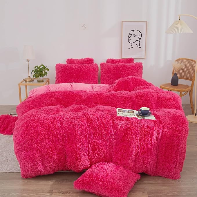 XeGe Plush Shaggy Duvet Cover Set, Luxury Ultra Soft Fluffy Faux Fur Bedding Sets 3 Pieces Velvet(1 Fuzzy Furry Comforter Cover + 2 Faux Fur Pillow Cases), Zipper Closure (Queen, Hot Pink)