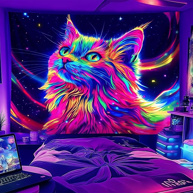 NYZE Cat Tapestry for Bedroom, Music Wall Tapestry, Party Decor Glow in the Dark Room Decor Tapestries, Cool Galaxy Planet Wall Hanging, Wall Hanging for Room Dorm 59in×51in