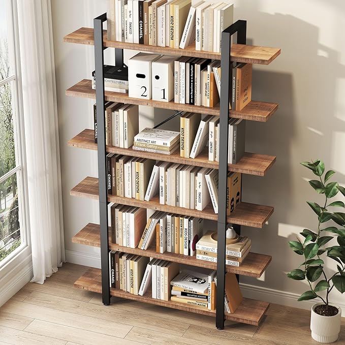 HSH 6 Tier Solid Wood Bookshelf, Industrial Wood and Metal Tall Large Etagere Bookcase and Storage Shelves, Rustic Open Natural Real Wooden Book Shelf for Bedroom Living Room, Distressed Brown