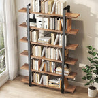 HSH 6 Tier Solid Wood Bookshelf, Industrial Wood and Metal Tall Large Etagere Bookcase and Storage Shelves, Rustic Open Natural Real Wooden Book Shelf for Bedroom Living Room, Distressed Brown