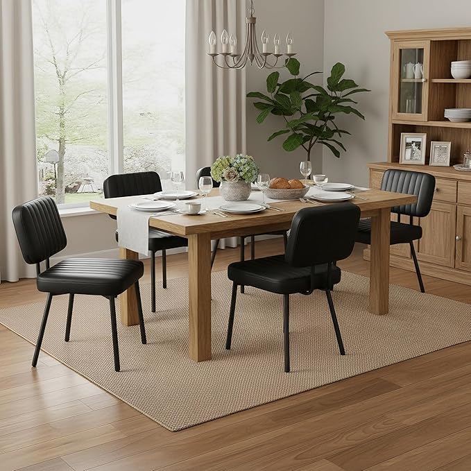 Dining Chairs, Upholstered Mid Century Modern Kitchen Dining Room Accent Chairs with Faux Leather Cushion Seat & Metal Legs for Kitchen, Living Room (Black, Set of 2)