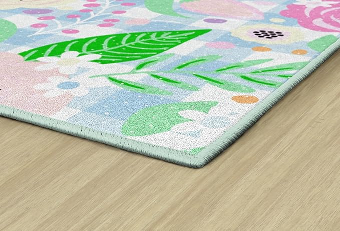 Flagship Carpets Schoolgirl Style Pretty in Pastel Floral On Gingham Educational Area Rug for Kids Room, Children's Classroom Rug for Teaching and Playroom, 7'6" X 12'