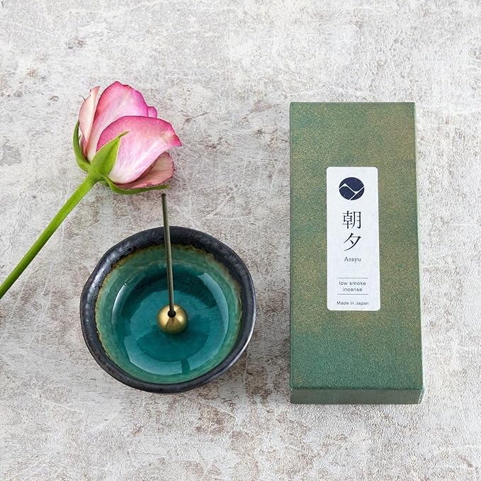 Asayu Japan Low Smoke Incense Gift Set with Incense Holder and Brass Stand, Floral Set (Jasmine & Rose) Incense Sticks with Mini Nature Aquamarine Incense Holder