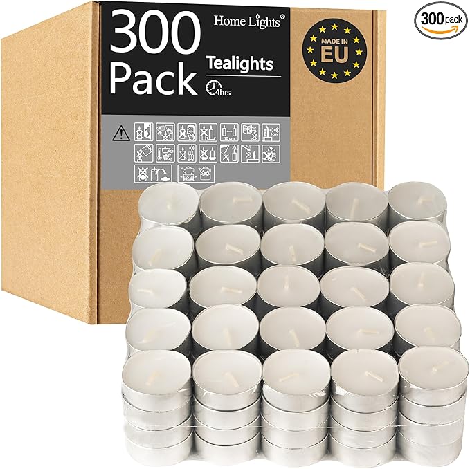 HomeLights Tealight Candles - 4 Hours - Giant 100,200,300 Bulk Packs - White Unscented European Votive Smokeless Tea Lights for Shabbat, Weddings, Christmas, Home Decorative - 300 Pack