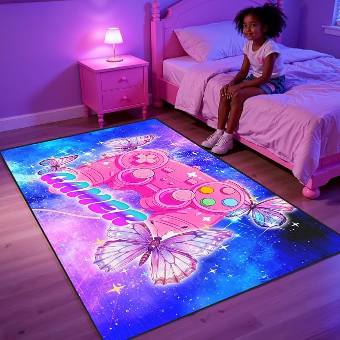 Pink Gaming Rugs for Girls Bedroom Butterfly Rug 4x6 ft Gaming Room Decor Gaming Area Rug Teen Gamer Blue and Pink Carpet for Livingroom,Kids Room,Playroom & Game Room Non-Slip Floor Mat
