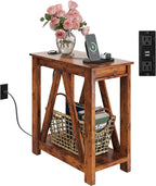 WLIVE Farmhouse End Table, Narrow Side Table with Charging Station, Slim End Table, Side Table for Bedroom, Living Room, Small Spaces, 2 USB and 2 Power Outlets, Rustic Brown