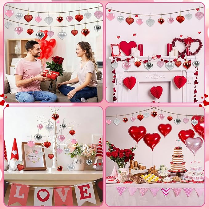 48PCS Heart Ornaments for Valentines Day Decorations, 2 Sizes Heart Shaped Ornaments for Christmas Valentine Tree, Red Pink Silver Glitter Hearts Hanging Decorations for Valentines Day Decor