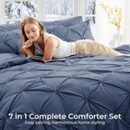 Sasttie Queen Comforter Set, 7-Piece Bed in a Bag, Pintuck Bedding Sets for All Season, Includes Comforter, Flat Sheet, Fitted Sheet, Pillowcases and Pillowshams, Indigo Blue