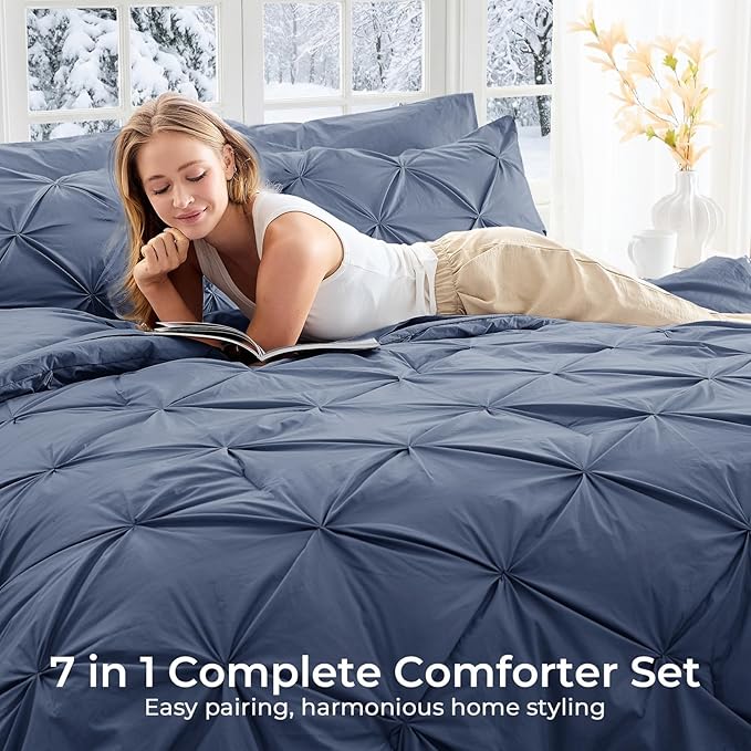 Sasttie Queen Comforter Set, 7-Piece Bed in a Bag, Pintuck Bedding Sets for All Season, Includes Comforter, Flat Sheet, Fitted Sheet, Pillowcases and Pillowshams, Indigo Blue