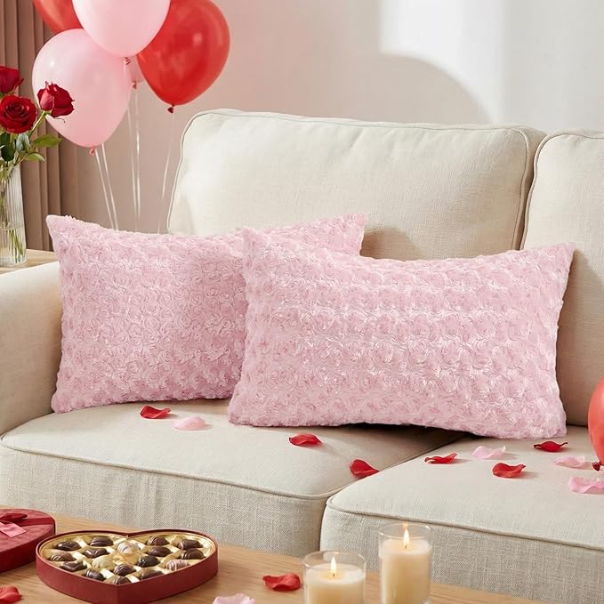 FUTEI Pink Decorative Throw Pillow Covers 12x20 Inch Set of 2,Soft Solid Rose Swirl Textured Lumbar Pillow Case,Valentine's Day Decor for Couch Living Room