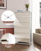 Crestlive Products Vertical Dresser Storage Tower - Sturdy Steel Frame, Wood Top, Easy Pull Fabric Bins, Wood Handles - Organizer Unit for Bedroom, Hallway, Entryway, Closets - 7 Drawers (Beige)